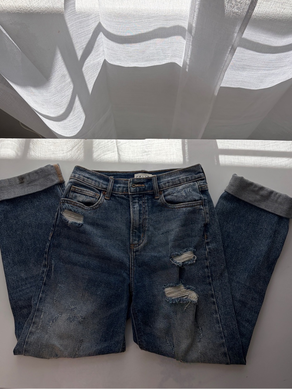 Cello Distressed Boyfriend Jeans in Washed Blue